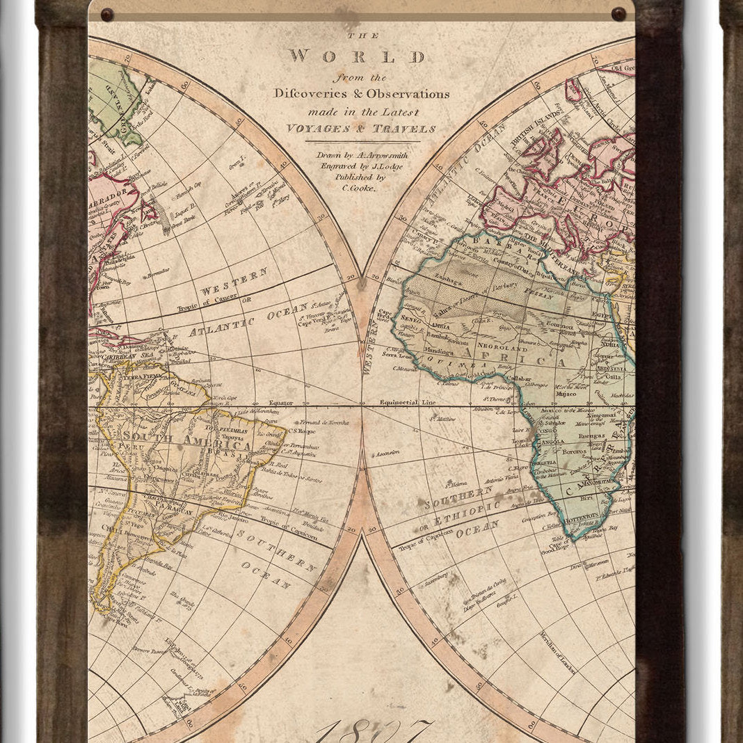 Vintage World Map, 1807, Triptych METAL Sign, Americana, Wall Decor, Globe Wall Art , Optional Reclaimed Barn-wood Frame