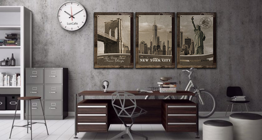 New York City, Skyline, Landmarks Brooklyn Bridge, Statue of Liberty , METAL Triptych, Optional Rustic Wood Frame, Wall Art