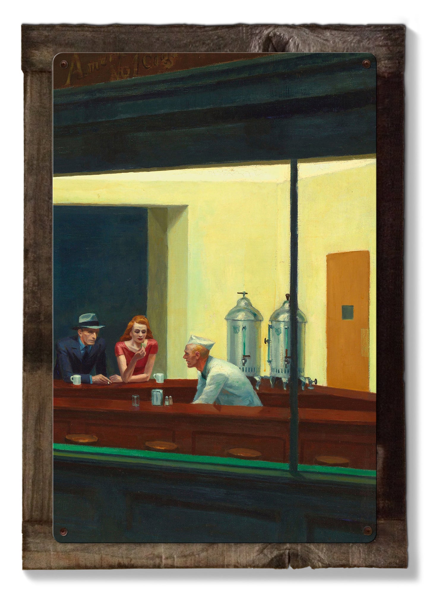 Nighthawks, Edward Hopper, Triptych METAL Sign, Travel, Wall Decor, Globe Wall Art , Optional Reclaimed Barn Wood Frame