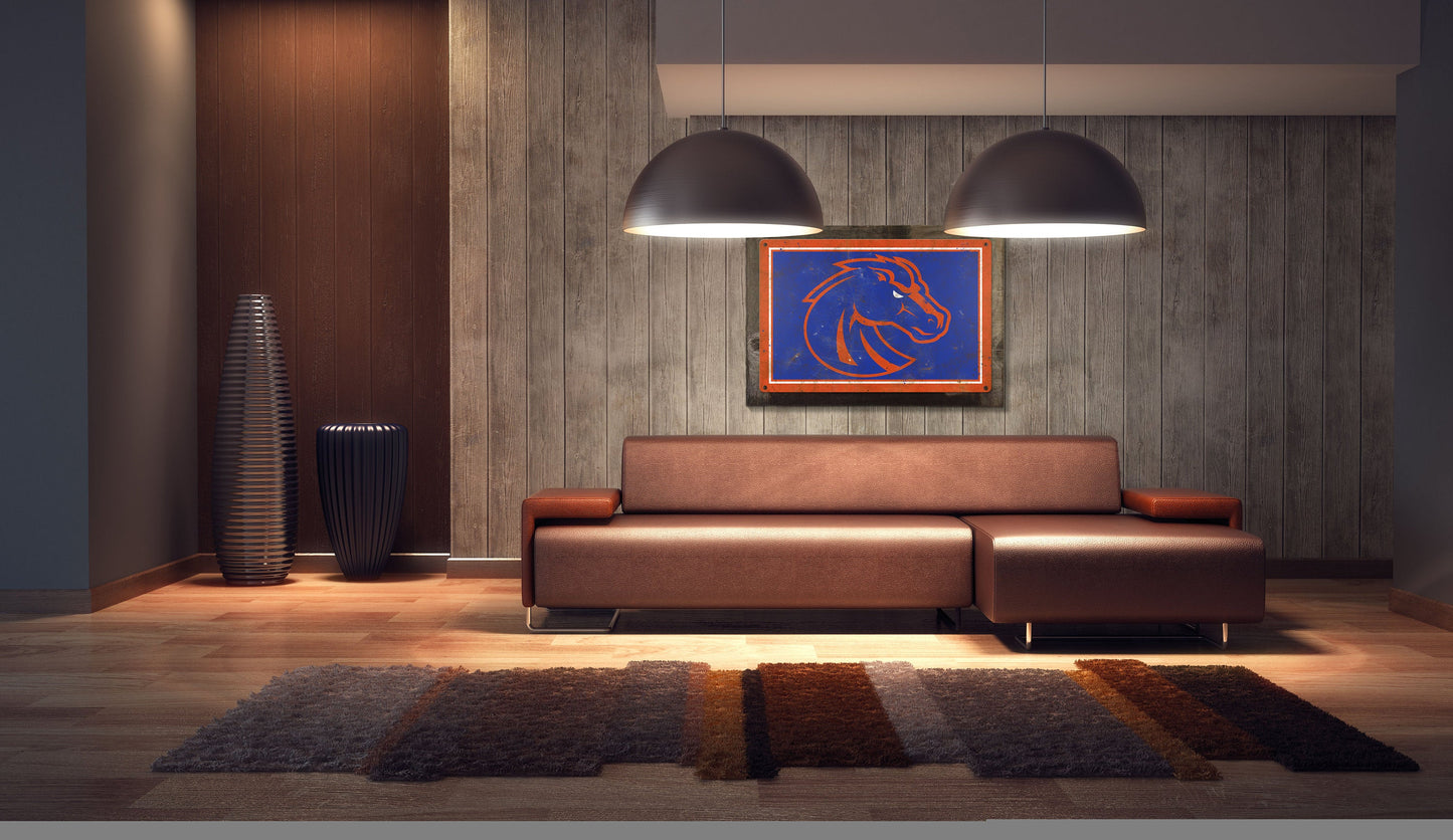 Boise State Broncos, Wall Art, Rustic Metal Sign, Optional Rustic Wood Frame, College Teams, Mascots, and Sports