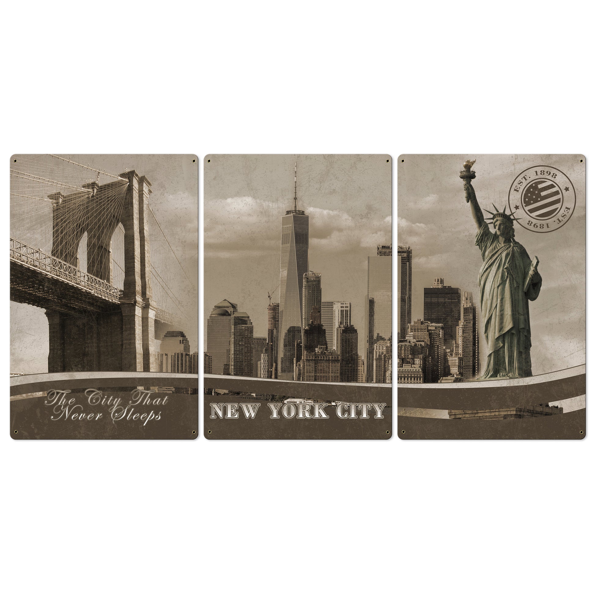 New York City, Skyline, Landmarks Brooklyn Bridge, Statue of Liberty , METAL Triptych, Optional Rustic Wood Frame, Wall Art