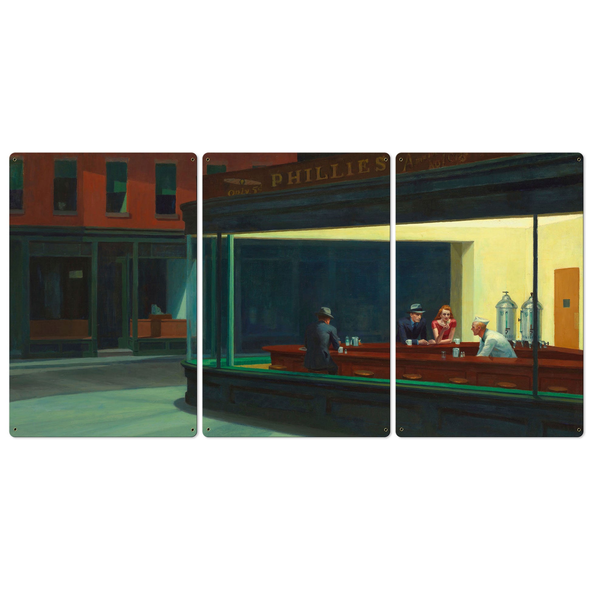Nighthawks, Edward Hopper, Triptych METAL Sign, Travel, Wall Decor, Globe Wall Art , Optional Reclaimed Barn Wood Frame