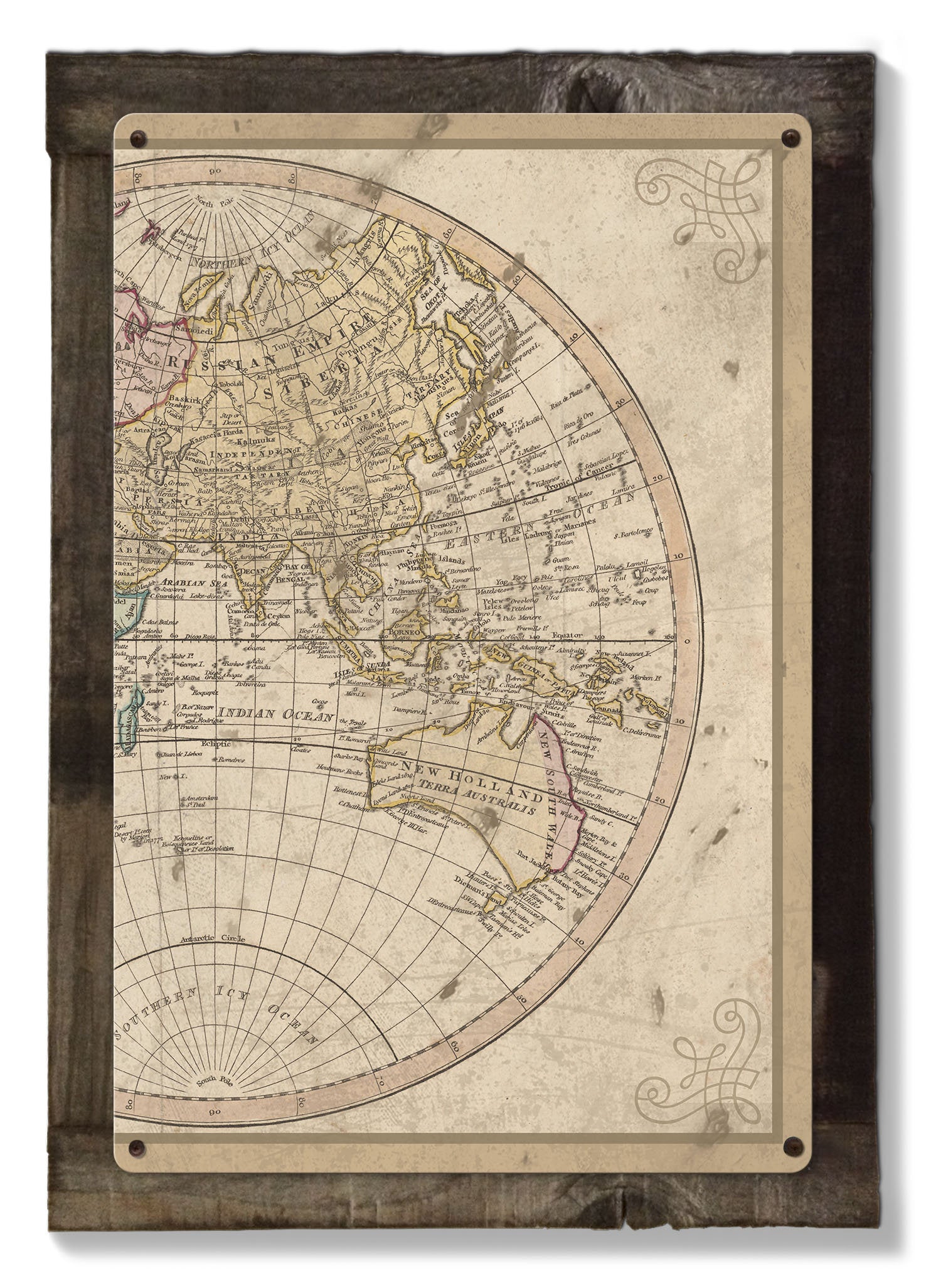 Vintage World Map, 1807, Triptych METAL Sign, Americana, Wall Decor, Globe Wall Art , Optional Reclaimed Barn-wood Frame