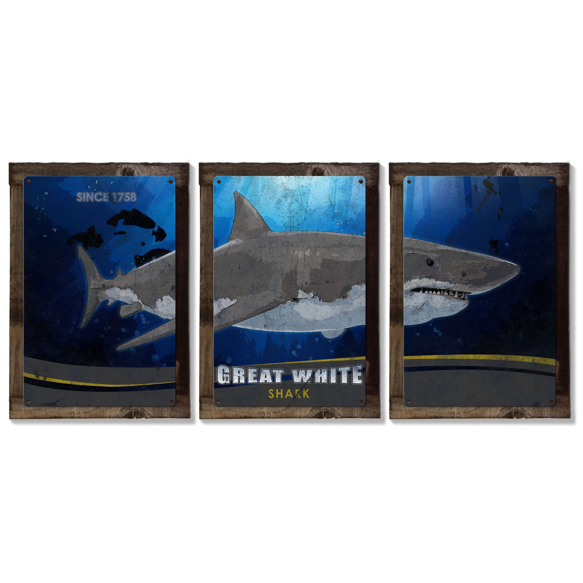 Great White Shark, METAL Triptych, Optional Rustic Wood Frame, Sharks, Wall Art, Ocean, Nautical