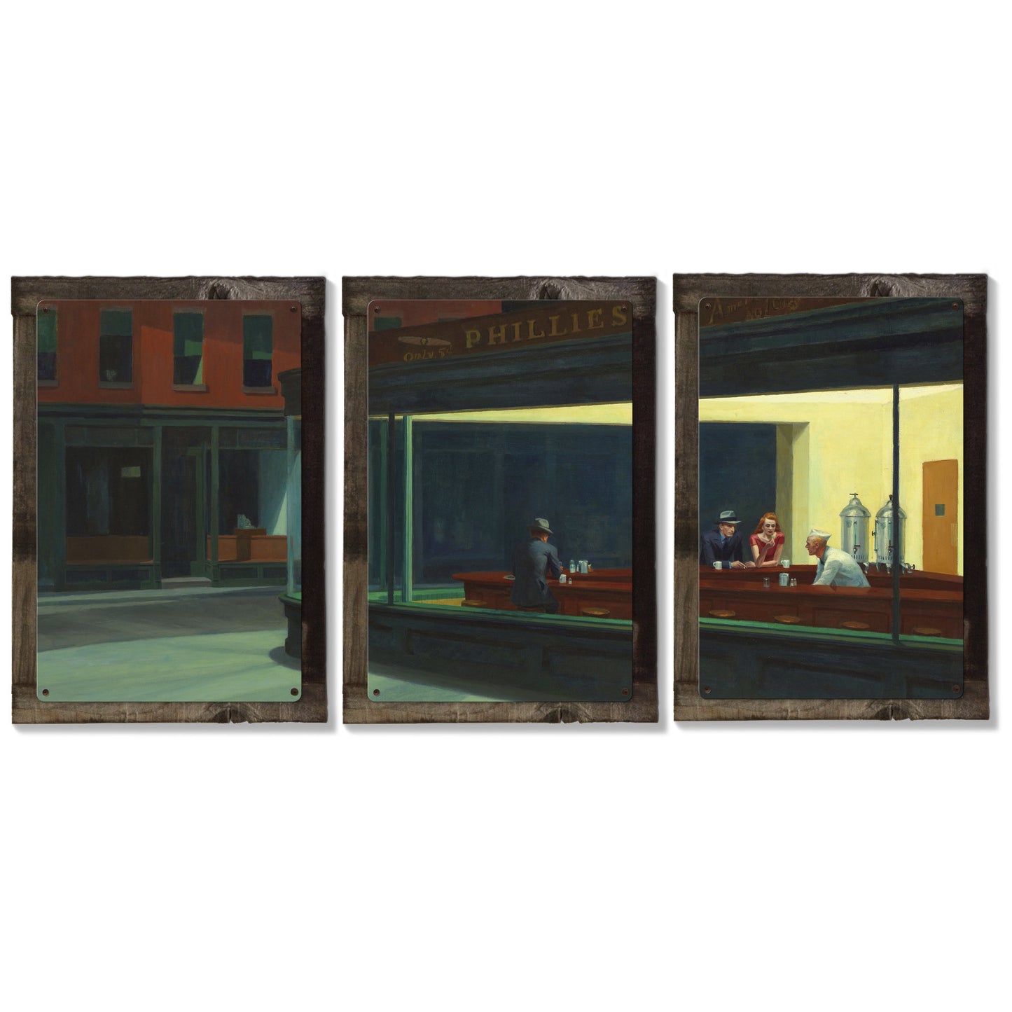 Nighthawks, Edward Hopper, Triptych METAL Sign, Travel, Wall Decor, Globe Wall Art , Optional Reclaimed Barn Wood Frame