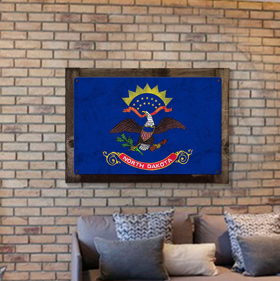 North Dakota State Flag, Legendary, Metal Sign, Optional Rustic Wood Frame, Wall Decor, Wall Art, FREE SHIPPING!