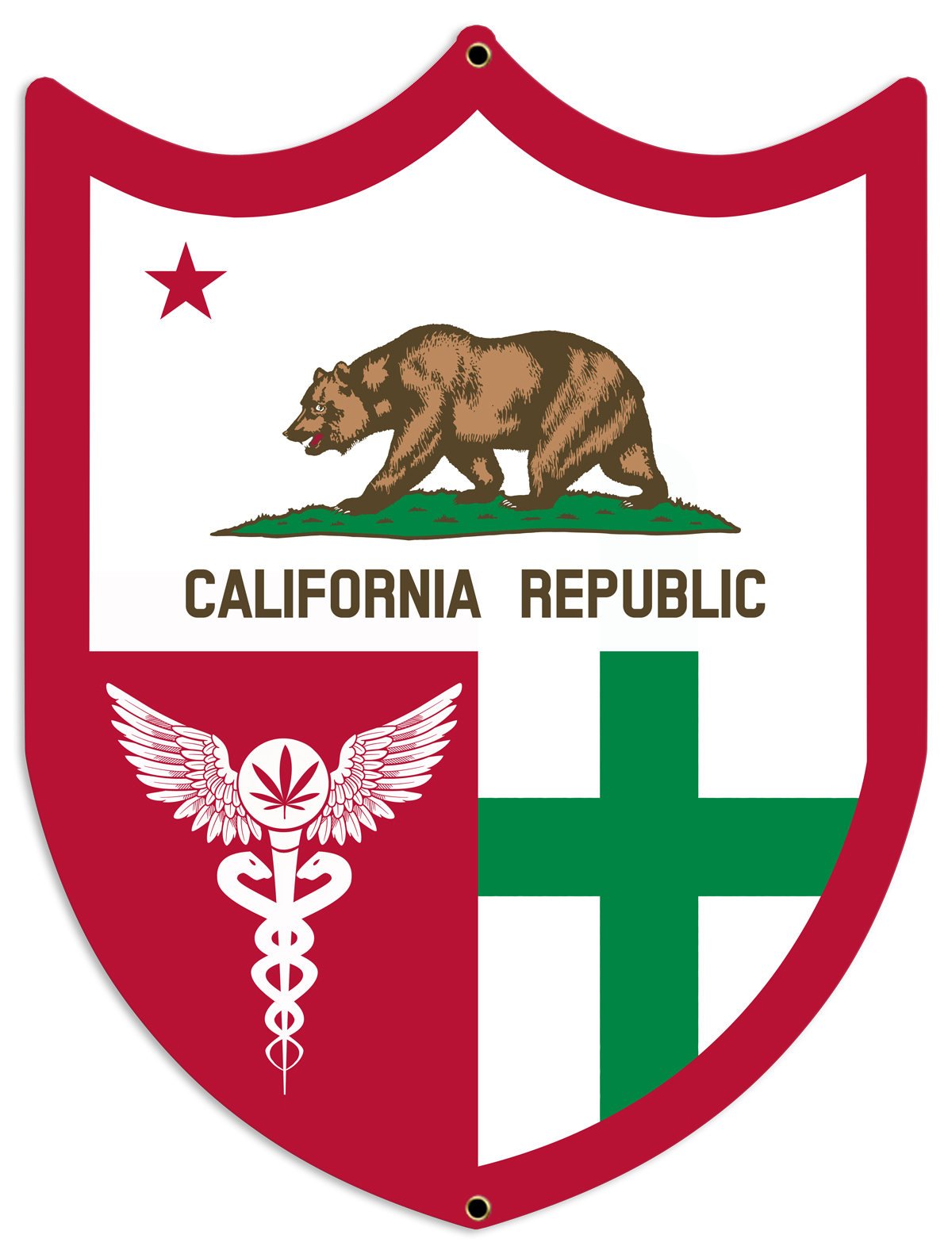 California Flag, Green Cross, Medical Marijuana, Cannabis,  Shield, Wall Decor, Cannabis Dispensary Decor, Man Cave Sign, Metal Sign 18"x24"