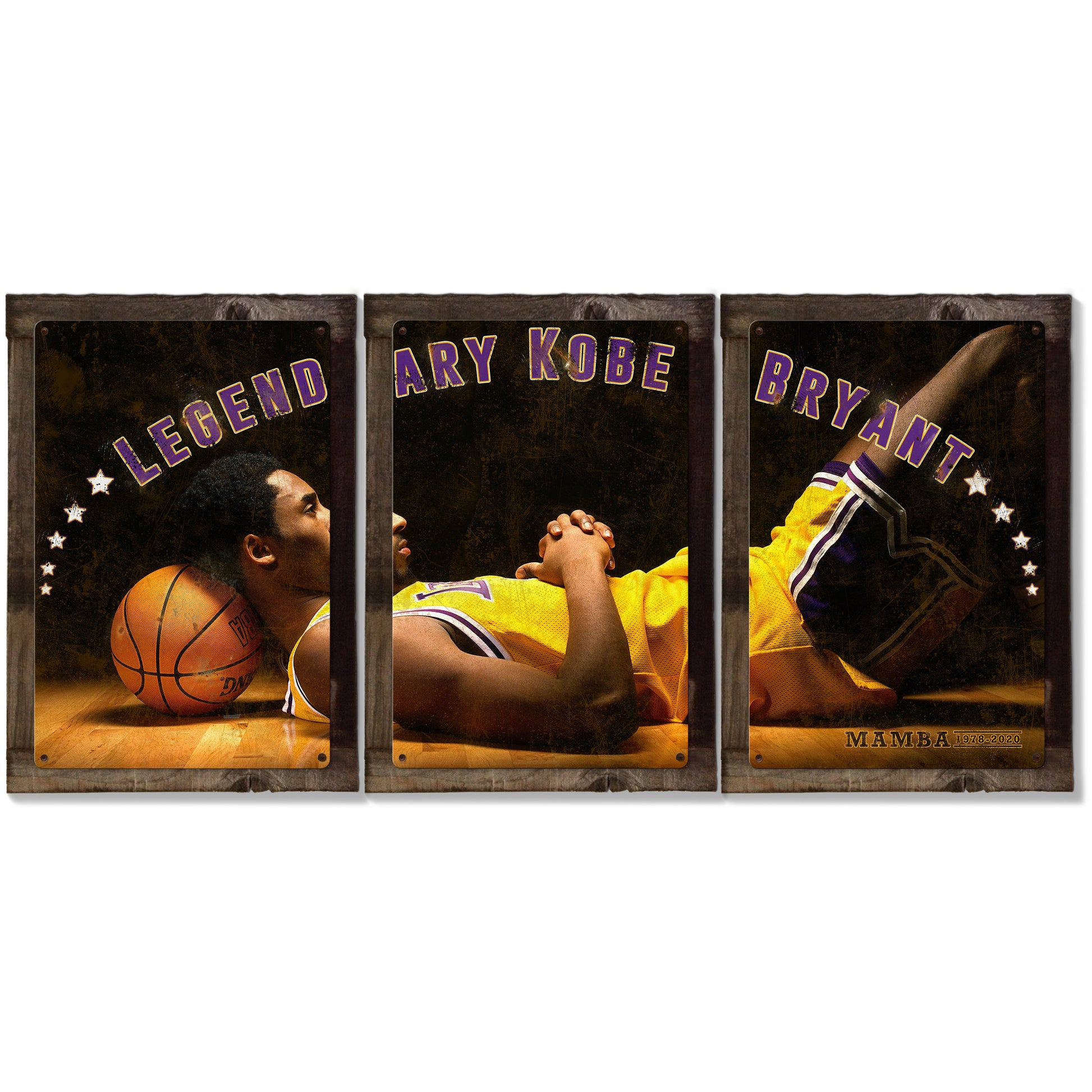 Kobe Bryant, Mamba, Basketball, Sports, Vintage, Photo, Triptych METAL Sign, Wall Art , Optional Reclaimed Barn Wood Frame