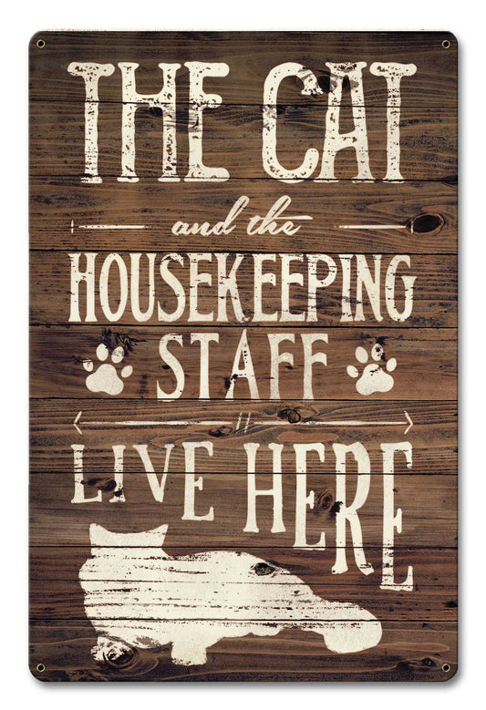 Cat And Housekeeping Live Here, Home & Garden, Metal Sign, Wall Art, 12 X 18 Inches