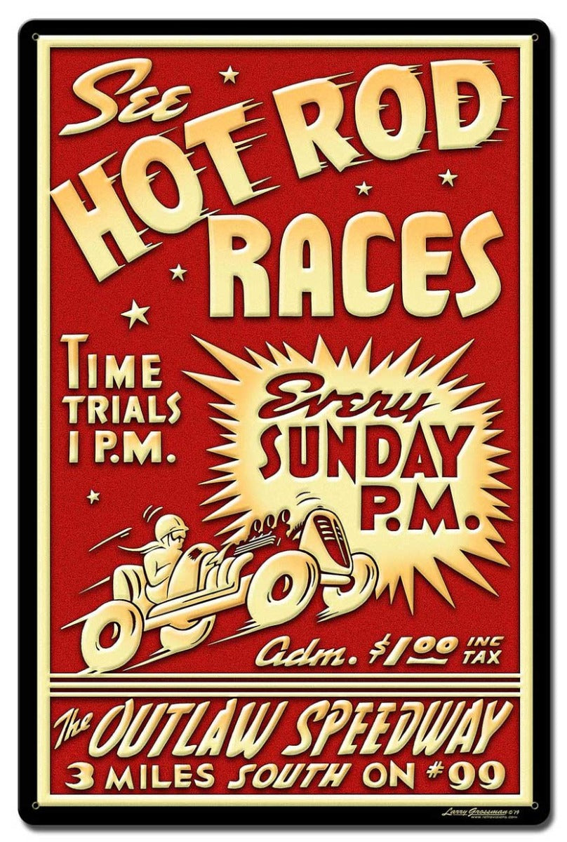 1950's Hot Rod Races Vintage Sign, Automotive, Metal Sign, Wall Art, 16 X 24 Inches