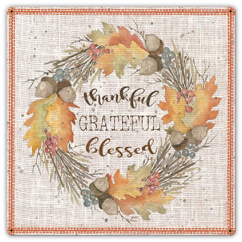 Fall Wreath Thankful Grateful, Home & Garden, Metal Sign, Wall Art, 17 X 17 Inches