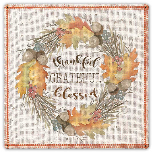 Fall Wreath Thankful Grateful, Home & Garden, Metal Sign, Wall Art, 17 X 17 Inches