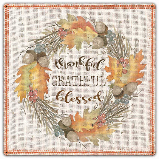 Fall Wreath Thankful Grateful, Home & Garden, Metal Sign, Wall Art, 24 X 24 Inches