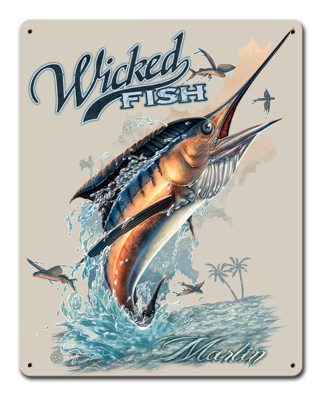 Marlin Wicked Fishing Vintage Sign, Barn and Country, Metal Sign, Wall Art, 12 X 15 Inches