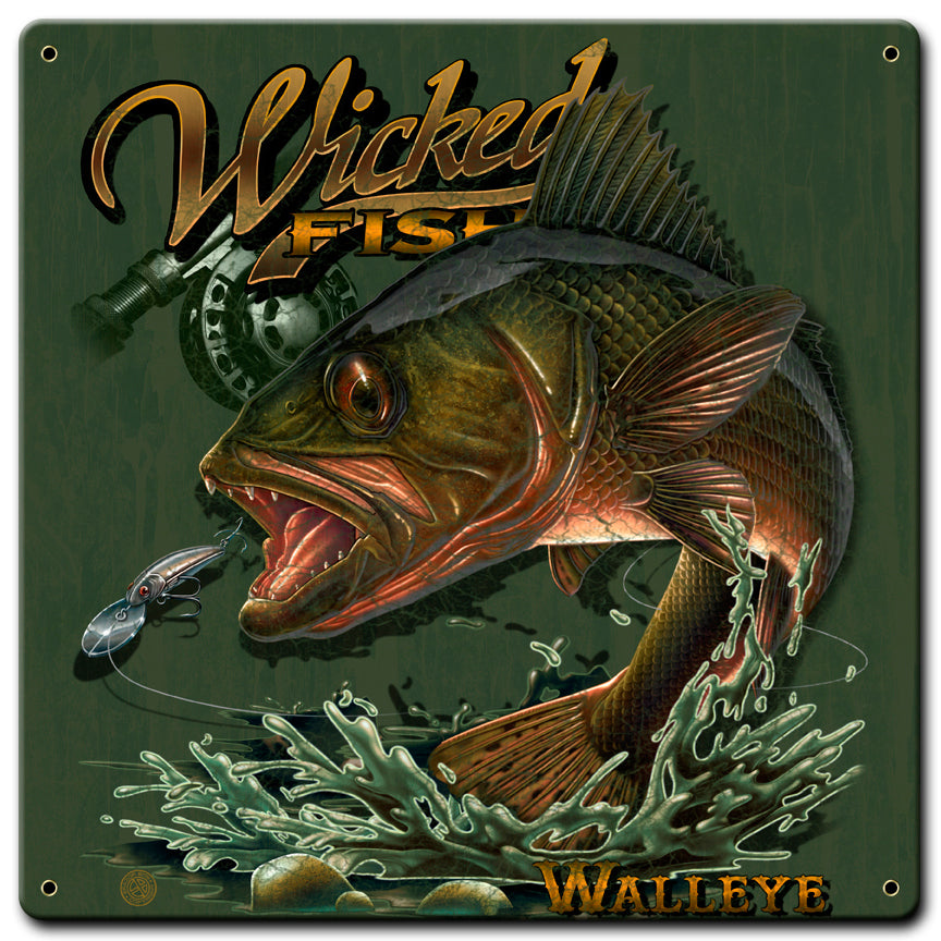 Walleye Wicked Fishing Vintage Sign, Barn and Country, Metal Sign, Wall Art, 12 X 12 Inches