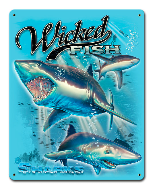 Sharks Wicked Fishing Vintage Sign, Barn and Country, Metal Sign, Wall Art, 12 X 15 Inches