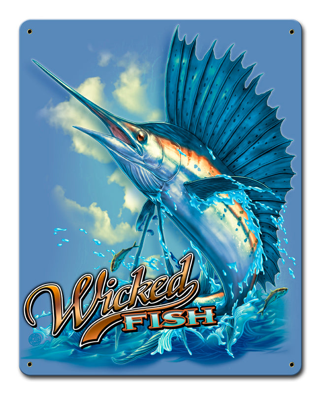 Sailfish Wicked Fishing Vintage Sign, Barn and Country, Metal Sign, Wall Art, 12 X 15 Inches