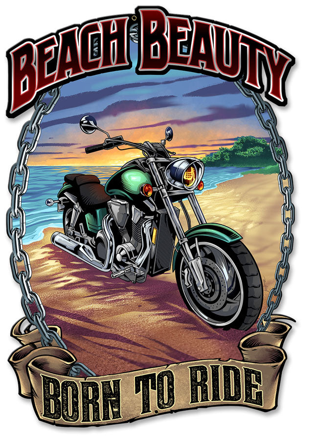 Motorcycle on the Beach, Roadside Attractions, Metal Sign, Wall Art, 12 X 18 Inches