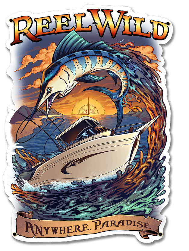 Marlin Fishing Boat Reel Wild, Barn and Country, Metal Sign, Wall Art, 19 X 14 Inches