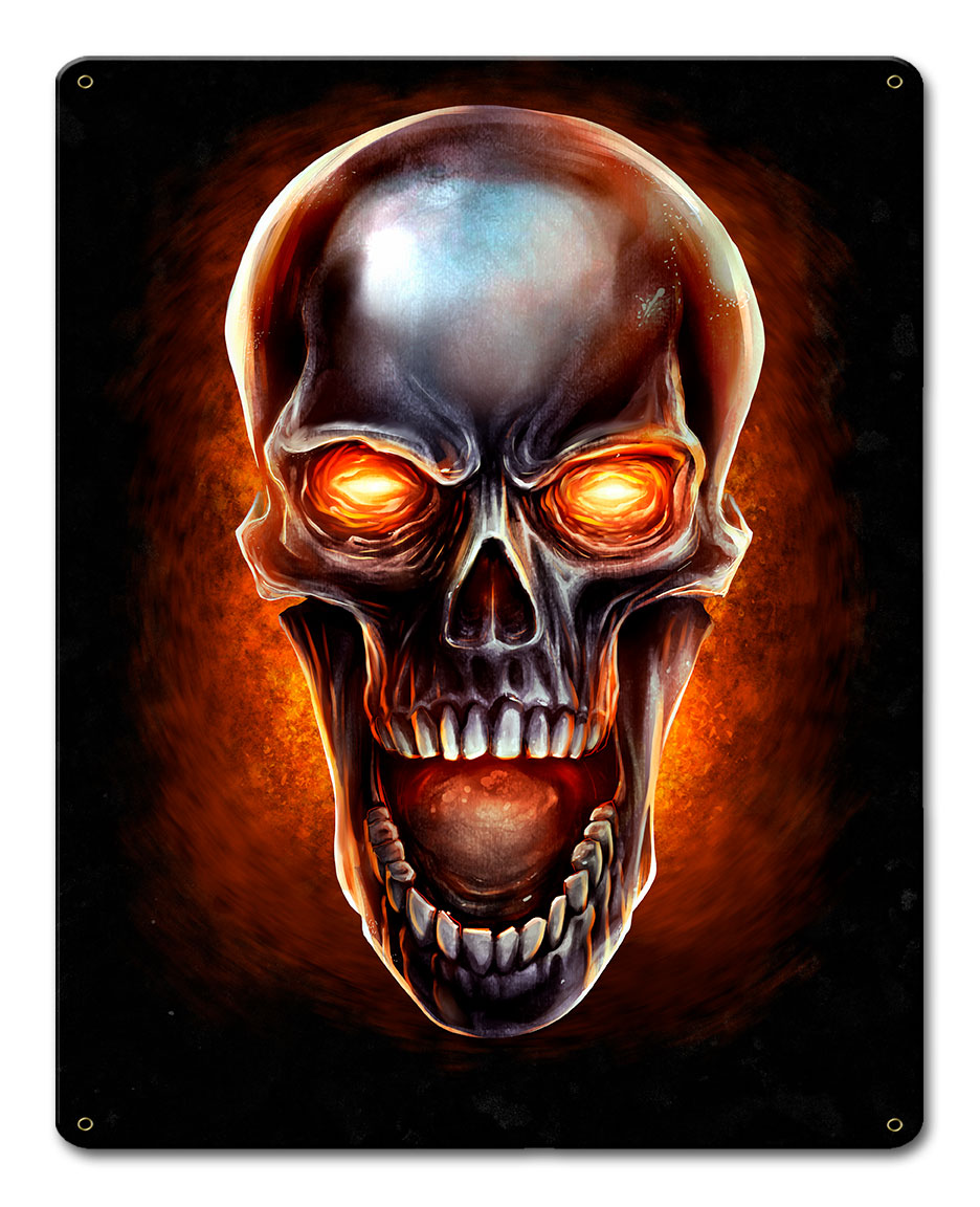 Glowing Metal Skull Vintage Sign, Roadside Attractions, Metal Sign, Wall Art, 12 X 15 Inches