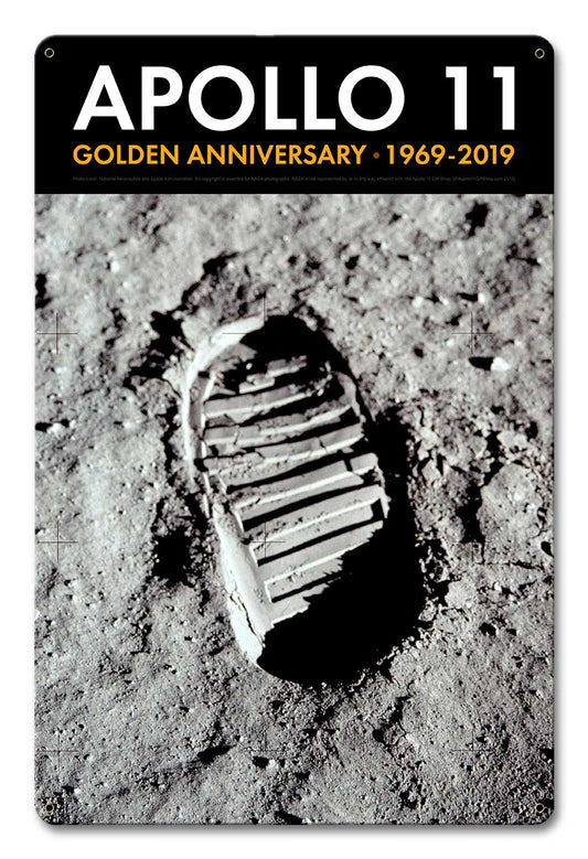 Apollo 11 50th Anniversary Bootprint Boot Print in Lunar Soil Black Metal Sign Vintage Sign, Aviation, Metal Sign, Wall Art, 12 X 18 Inches