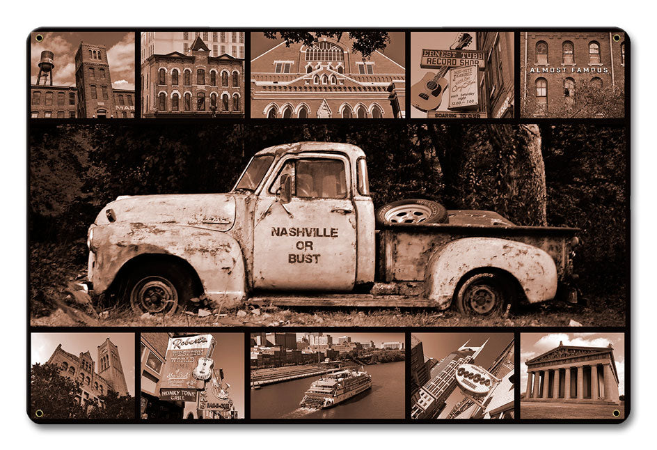 Nashville or Bust Truck Vintage Sign, Automotive, Metal Sign, Wall Art, 12 X 18 Inches