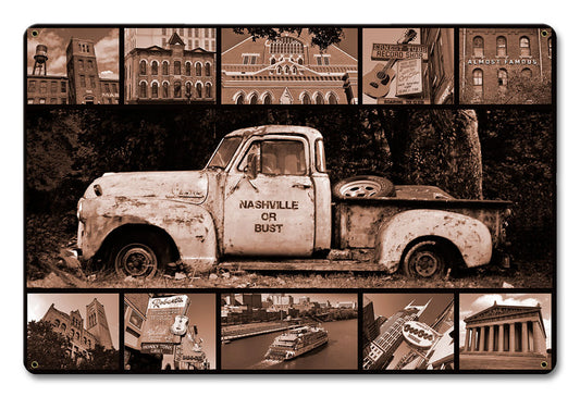 Nashville or Bust Truck Vintage Sign, Automotive, Metal Sign, Wall Art, 12 X 18 Inches
