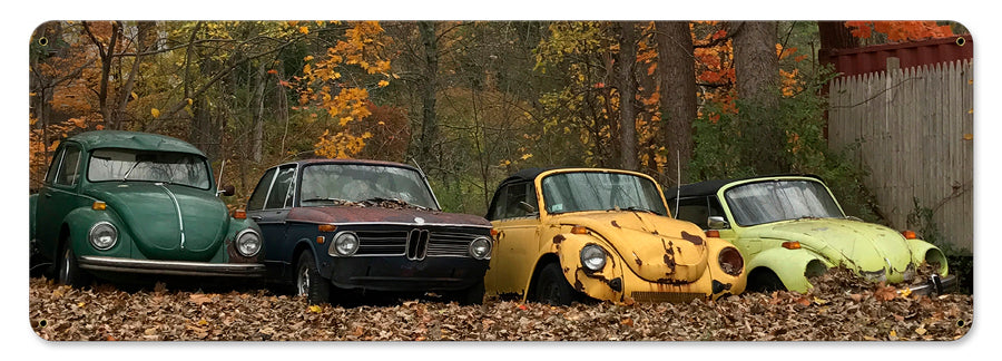 Three Bugs and A Beemer Vintage Sign, Automotive, Metal Sign, Wall Art, 24 X 8 Inches
