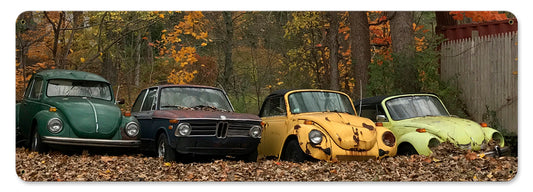 Three Bugs and A Beemer Vintage Sign, Automotive, Metal Sign, Wall Art, 24 X 8 Inches