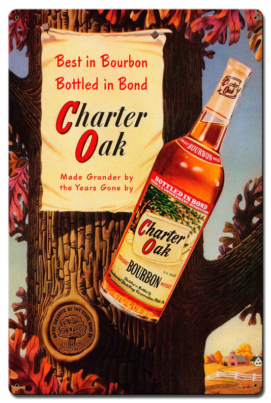CHARTER OAK BOURBON Vintage Sign, Automotive, Metal Sign, Wall Art, 16 X 24 Inches