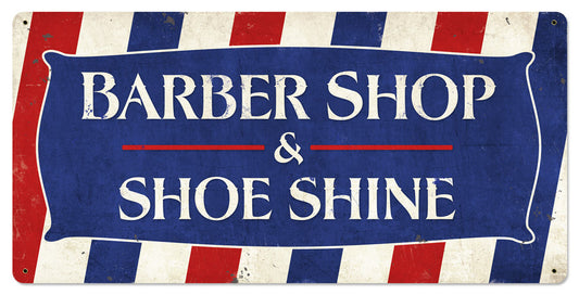 Barber Shop & Shoeshine Vintage Sign, Advertisements, Metal Sign, Wall Art, 24 X 12 Inches
