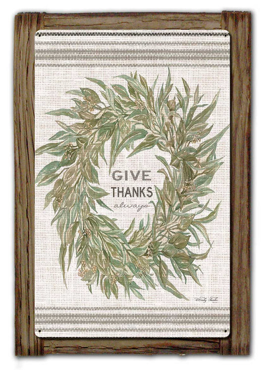 Wreath Give Thanks Wood Framed Vintage Sign, Home & Garden, Metal Sign, Wall Art, 18 X 26 Inches