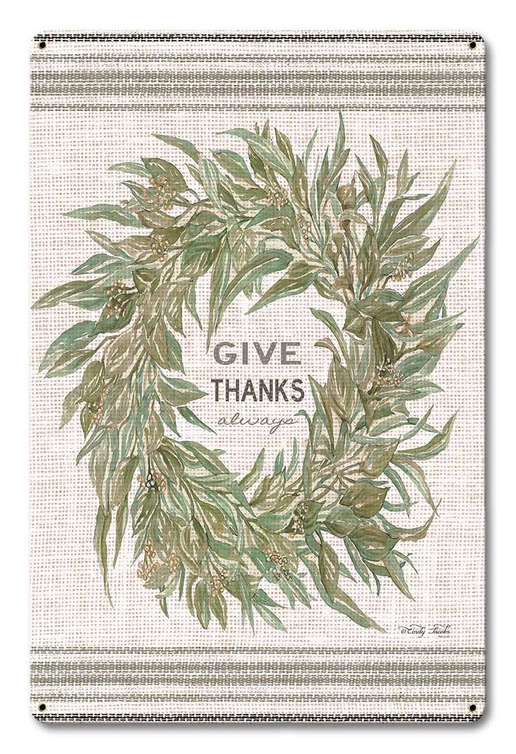 Wood Grain Wreath Give Thanks Vintage Sign, Home & Garden, Metal Sign, Wall Art, 12 X 18 Inches