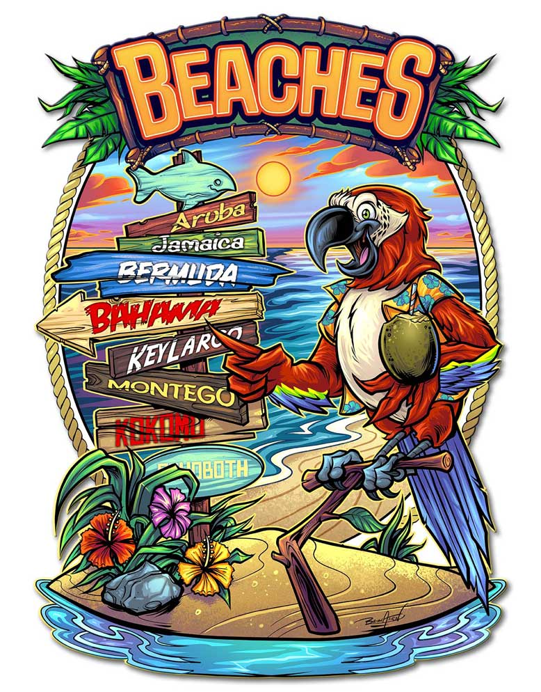 Parrot Beach Crossroads Vintage Sign, Roadside Attractions, Metal Sign, Wall Art, 17 X 22 Inches