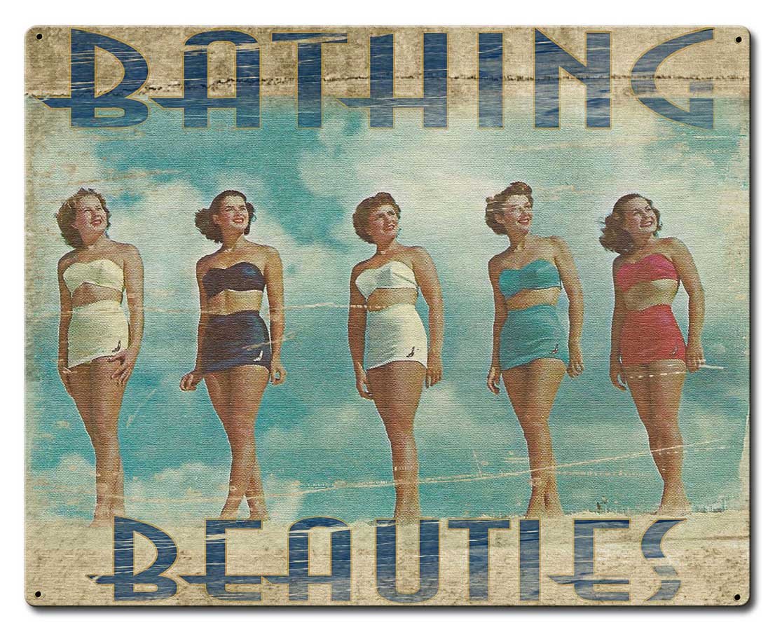 Bathing Beauties Vintage Sign, Automotive, Metal Sign, Wall Art, 24 X 16 Inches