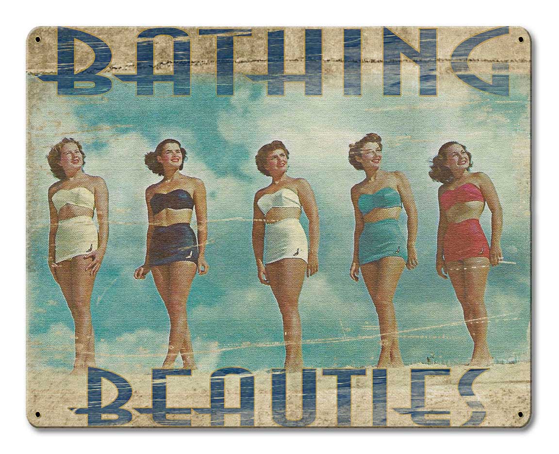 Bathing Beauties Vintage Sign, Automotive, Metal Sign, Wall Art, 15 X 12 Inches