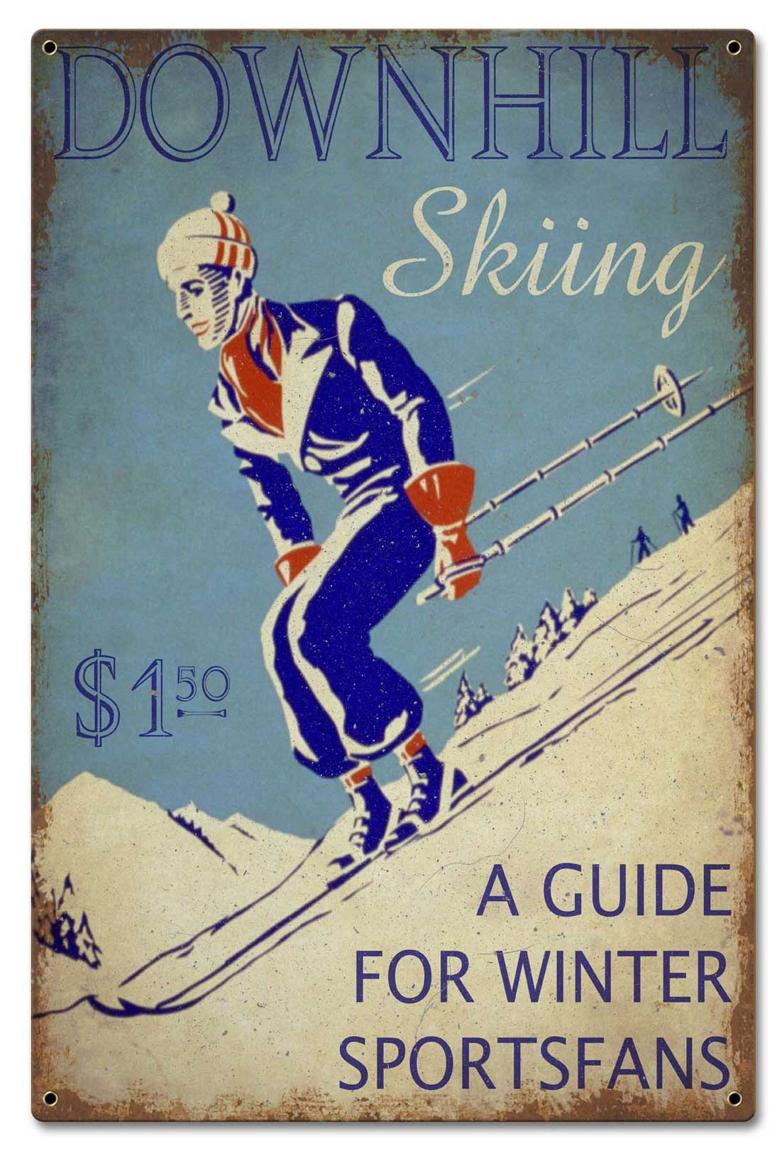 Downhill Skiing Guide Distressed Vintage Sign, Automotive, Metal Sign, Wall Art, 16 X 24 Inches