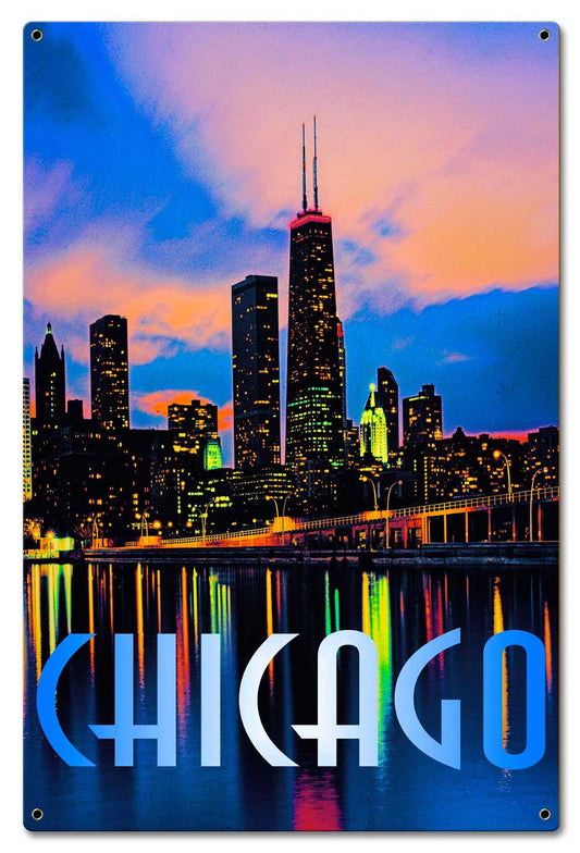 Chicago In Color Vintage Sign, Automotive, Metal Sign, Wall Art, 16 X 24 Inches
