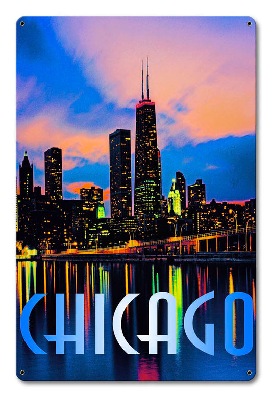 Chicago In Color Vintage Sign, Automotive, Metal Sign, Wall Art, 12 X 18 Inches