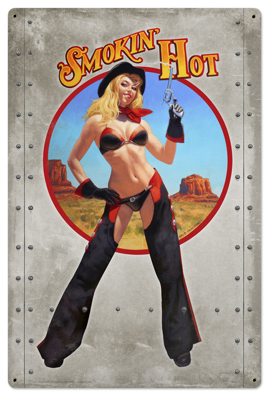 SMOKIN' HOT Vintage Sign, Pinup Girls, Metal Sign, Wall Art, 24 X 36 Inches