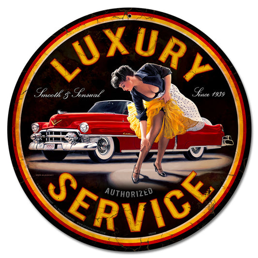 Luxury Service, Pinup Girls, Metal Sign, Wall Art, 14 X 14 Inches