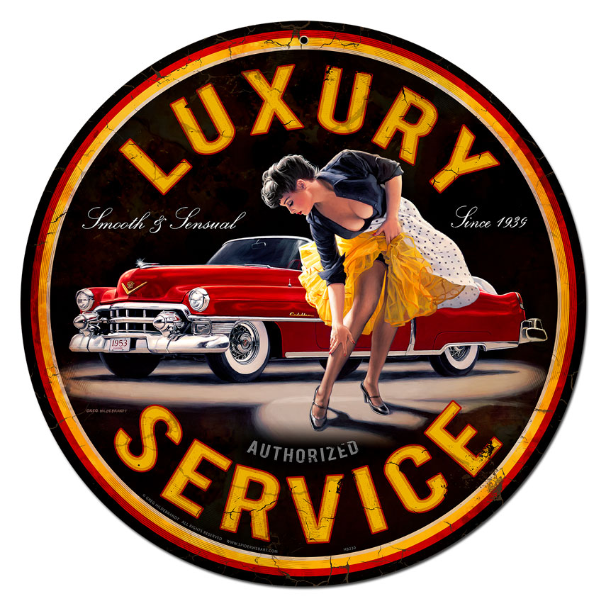 Luxury Service, Pinup Girls, Metal Sign, Wall Art, 28 X 28 Inches