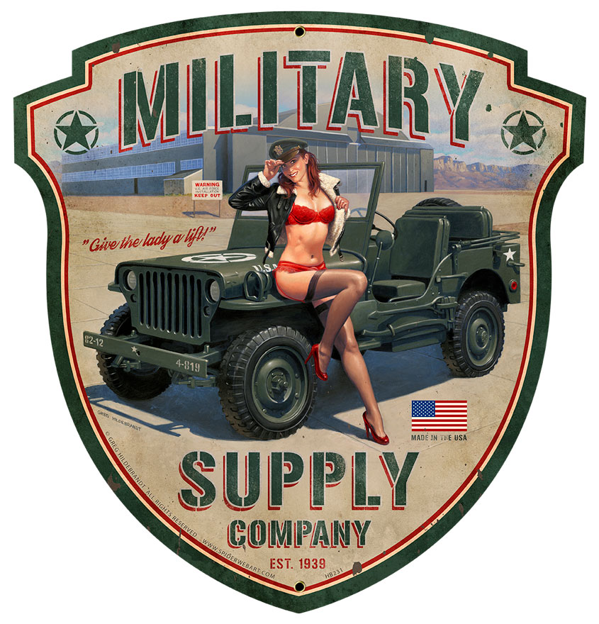 Military Supply Shield, Pinup Girls, Metal Sign, Wall Art, 15 X 16 Inches