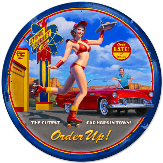 Car Hop Vintage Sign, Pinup Girls, Metal Sign, Wall Art, 28 X 28 Inches