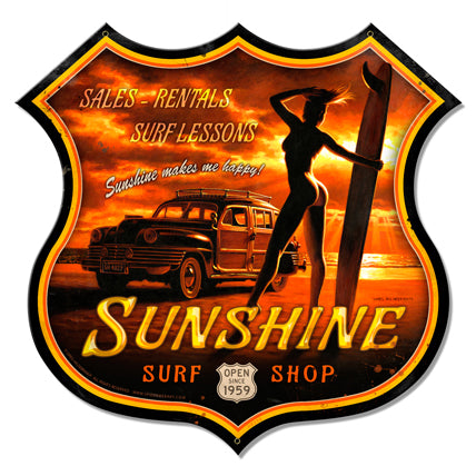 Sunshine Surf Vintage Sign, Pinup Girls, Metal Sign, Wall Art, 16 X 15 Inches