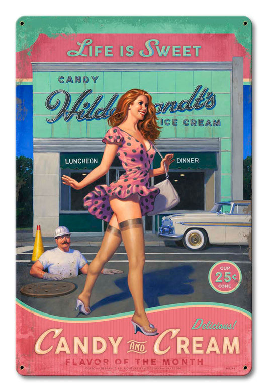 Candy and Cream Vintage Sign, Pinup Girls, Metal Sign, Wall Art, 12 X 18 Inches