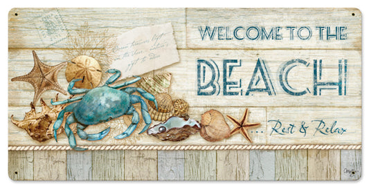 Welcome To The Beach Vintage Sign, Automotive, Metal Sign, Wall Art, 24 X 12 Inches