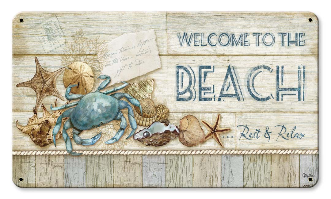 Welcome To The Beach Vintage Sign, Automotive, Metal Sign, Wall Art, 14 X 8 Inches