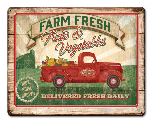 Farm Fresh Fruits And Vegetables Vintage Sign, Automotive, Metal Sign, Wall Art, 15 X 12 Inches