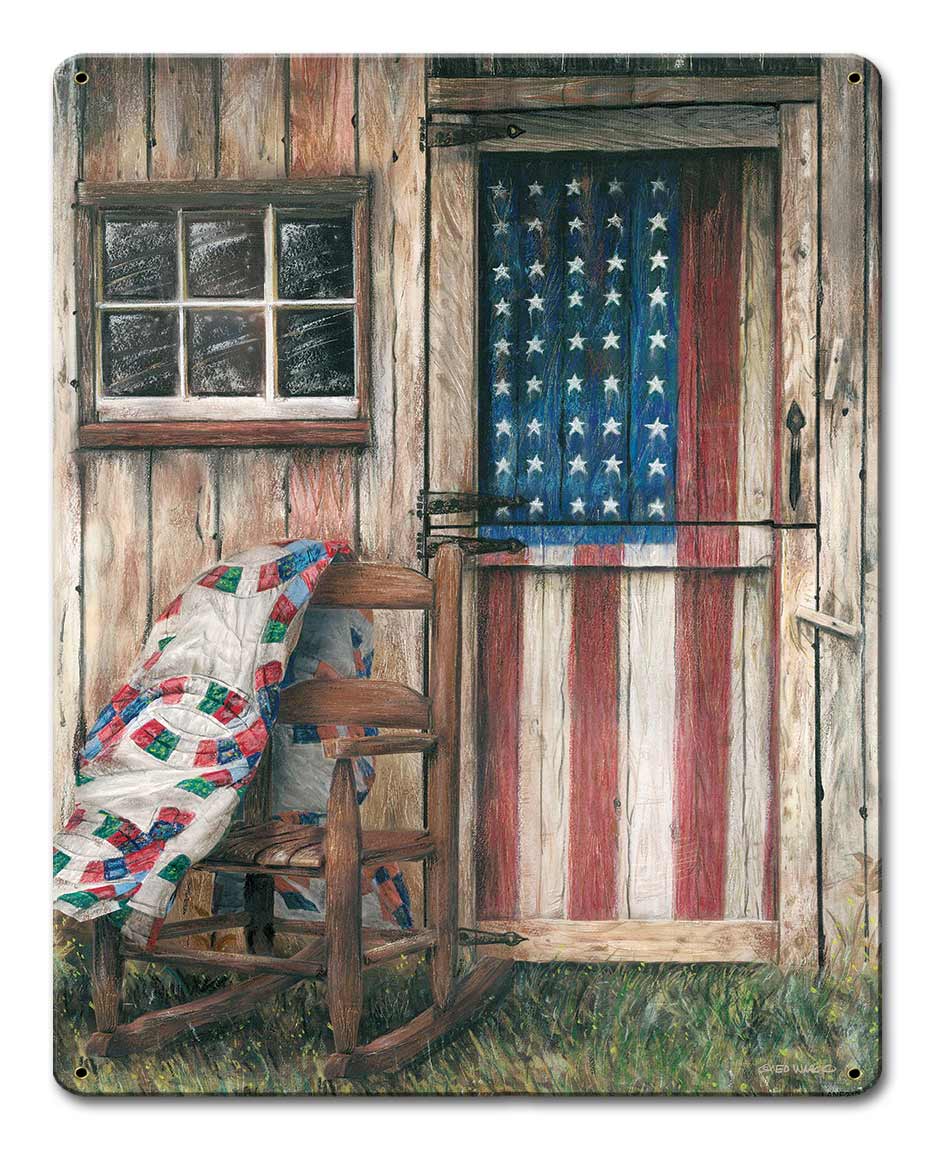 American Flag Rocking Chair Vintage Sign, Automotive, Metal Sign, Wall Art, 12 X 15 Inches